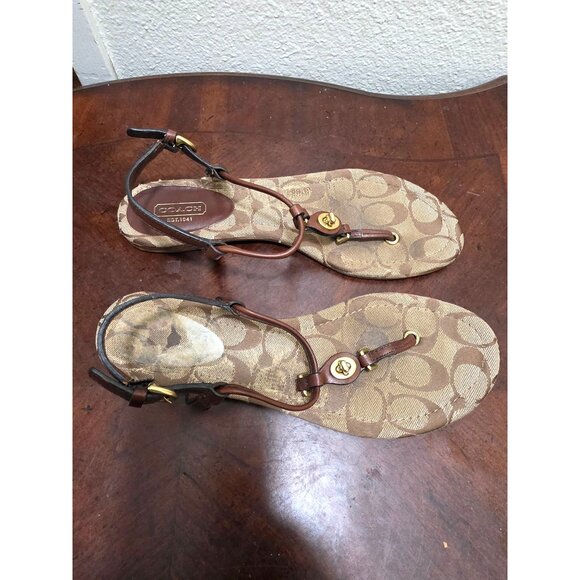 Coach Women's Signature Print Thong Sandals Brown/Gold Leather Size 8B - Picture 3 of 10